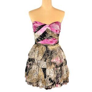 Diane von Furstenberg Brighton Pleated Silk Dress Sz.8 Tan Pink Strapless Event